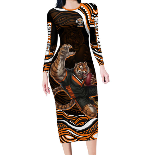 Personalized Wests Tigers Rugby Long Sleeve Bodycon Dress Aboriginal Dot Art - Dreamtime Rugby Mascot