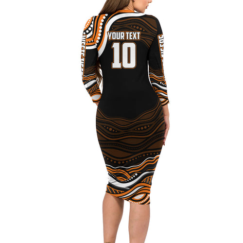 Personalized Wests Tigers Rugby Long Sleeve Bodycon Dress Aboriginal Dot Art - Dreamtime Rugby Mascot