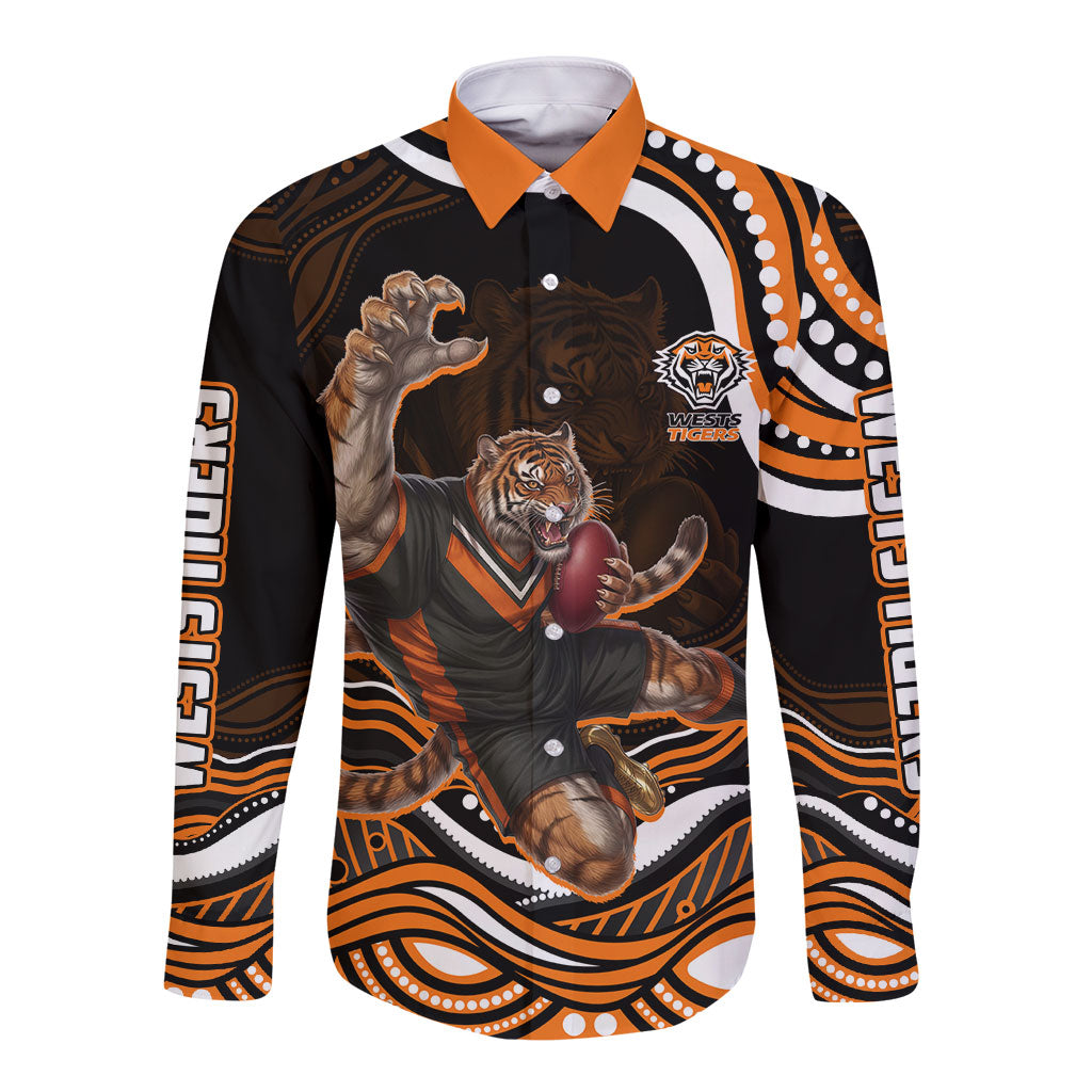 Personalized Wests Tigers Rugby Long Sleeve Button Shirt Aboriginal Dot Art - Dreamtime Rugby Mascot