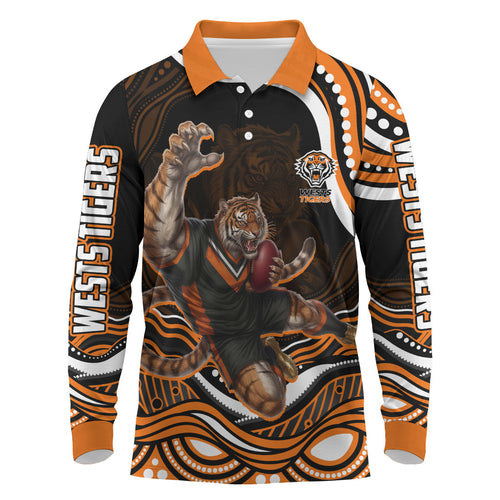 Personalized Wests Tigers Rugby Long Sleeve Polo Shirt Aboriginal Dot Art - Dreamtime Rugby Mascot