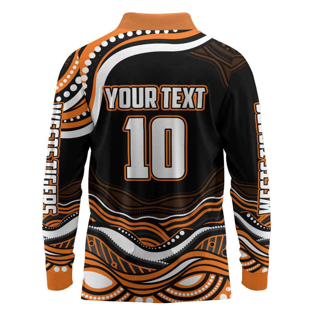 Personalized Wests Tigers Rugby Long Sleeve Polo Shirt Aboriginal Dot Art - Dreamtime Rugby Mascot