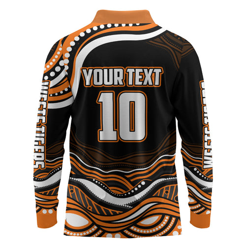 Personalized Wests Tigers Rugby Long Sleeve Polo Shirt Aboriginal Dot Art - Dreamtime Rugby Mascot