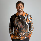Personalized Wests Tigers Rugby Long Sleeve Polo Shirt Aboriginal Dot Art - Dreamtime Rugby Mascot