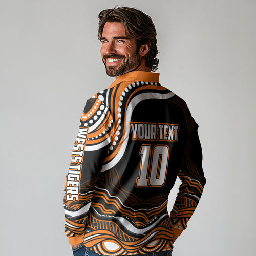 Personalized Wests Tigers Rugby Long Sleeve Polo Shirt Aboriginal Dot Art - Dreamtime Rugby Mascot