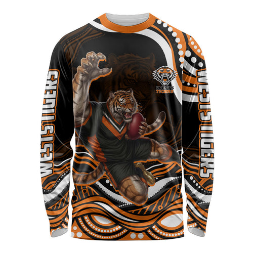 Personalized Wests Tigers Rugby Long Sleeve Shirt Aboriginal Dot Art - Dreamtime Rugby Mascot