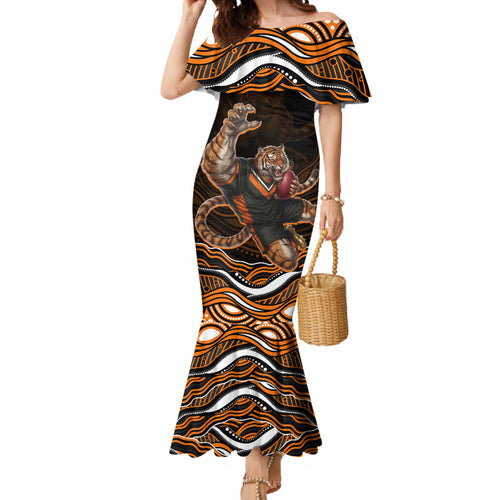Personalized Wests Tigers Rugby Mermaid Dress Aboriginal Dot Art - Dreamtime Rugby Mascot