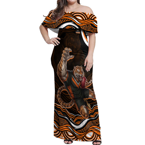 Personalized Wests Tigers Rugby Off Shoulder Maxi Dress Aboriginal Dot Art - Dreamtime Rugby Mascot