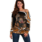 Personalized Wests Tigers Rugby Off Shoulder Sweater Aboriginal Dot Art - Dreamtime Rugby Mascot