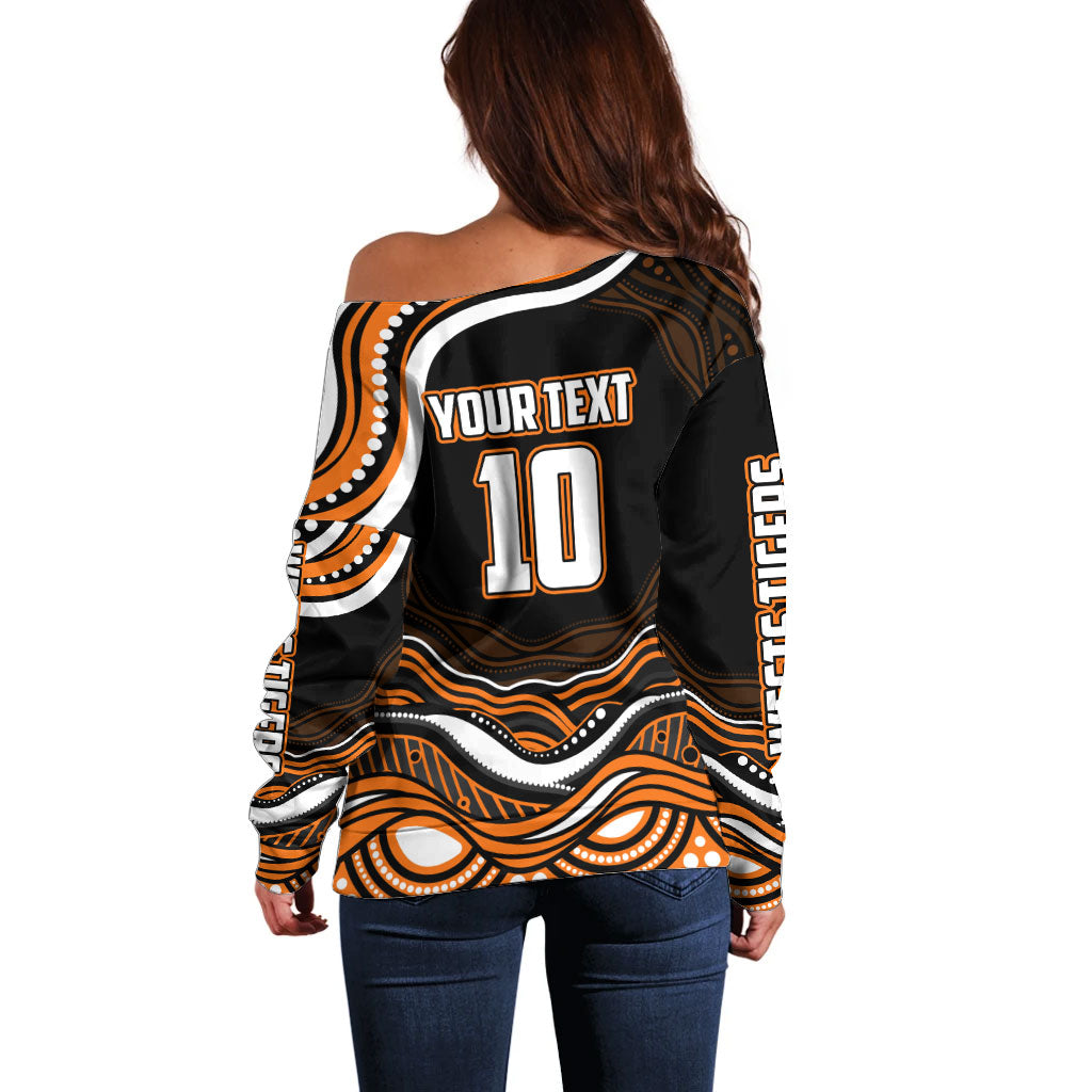Personalized Wests Tigers Rugby Off Shoulder Sweater Aboriginal Dot Art - Dreamtime Rugby Mascot