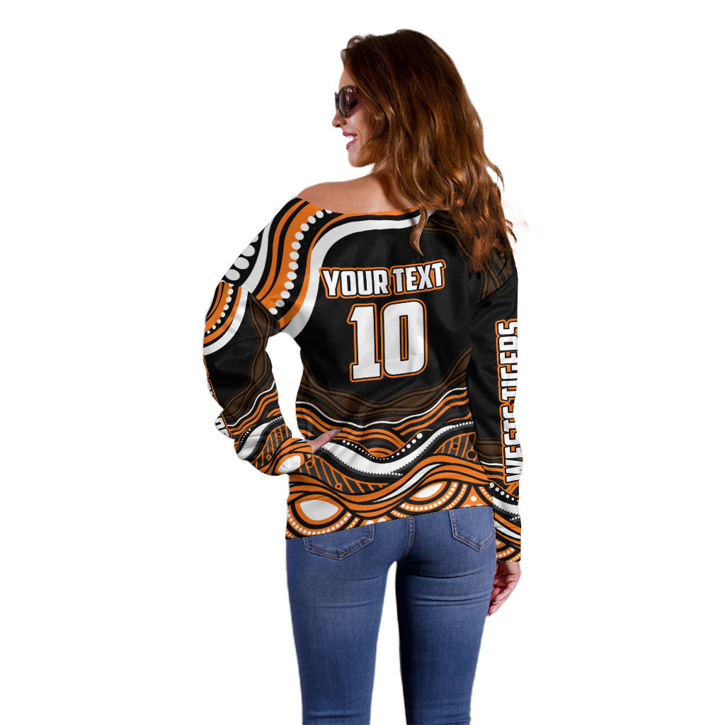 Personalized Wests Tigers Rugby Off Shoulder Sweater Aboriginal Dot Art - Dreamtime Rugby Mascot