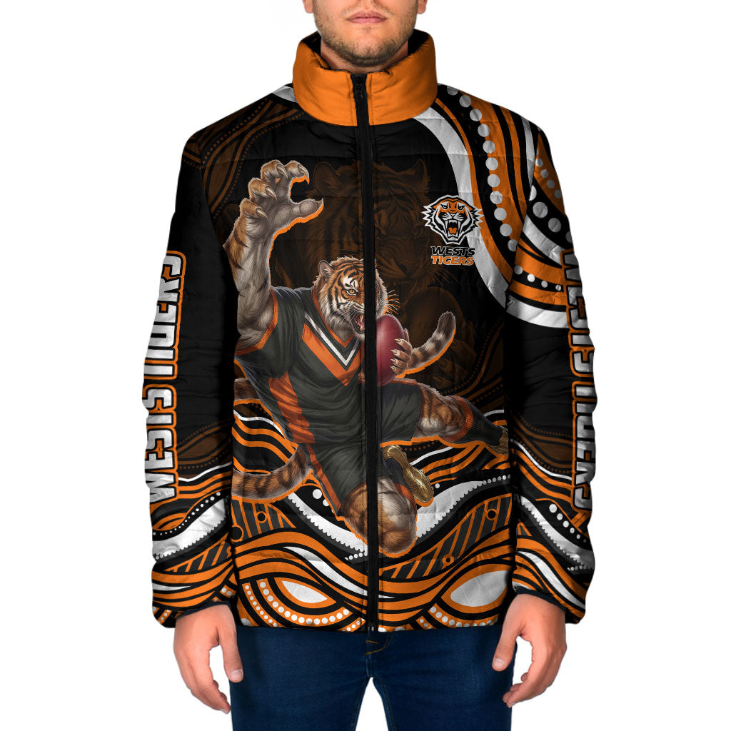 Personalized Wests Tigers Rugby Padded Jacket Aboriginal Dot Art - Dreamtime Rugby Mascot