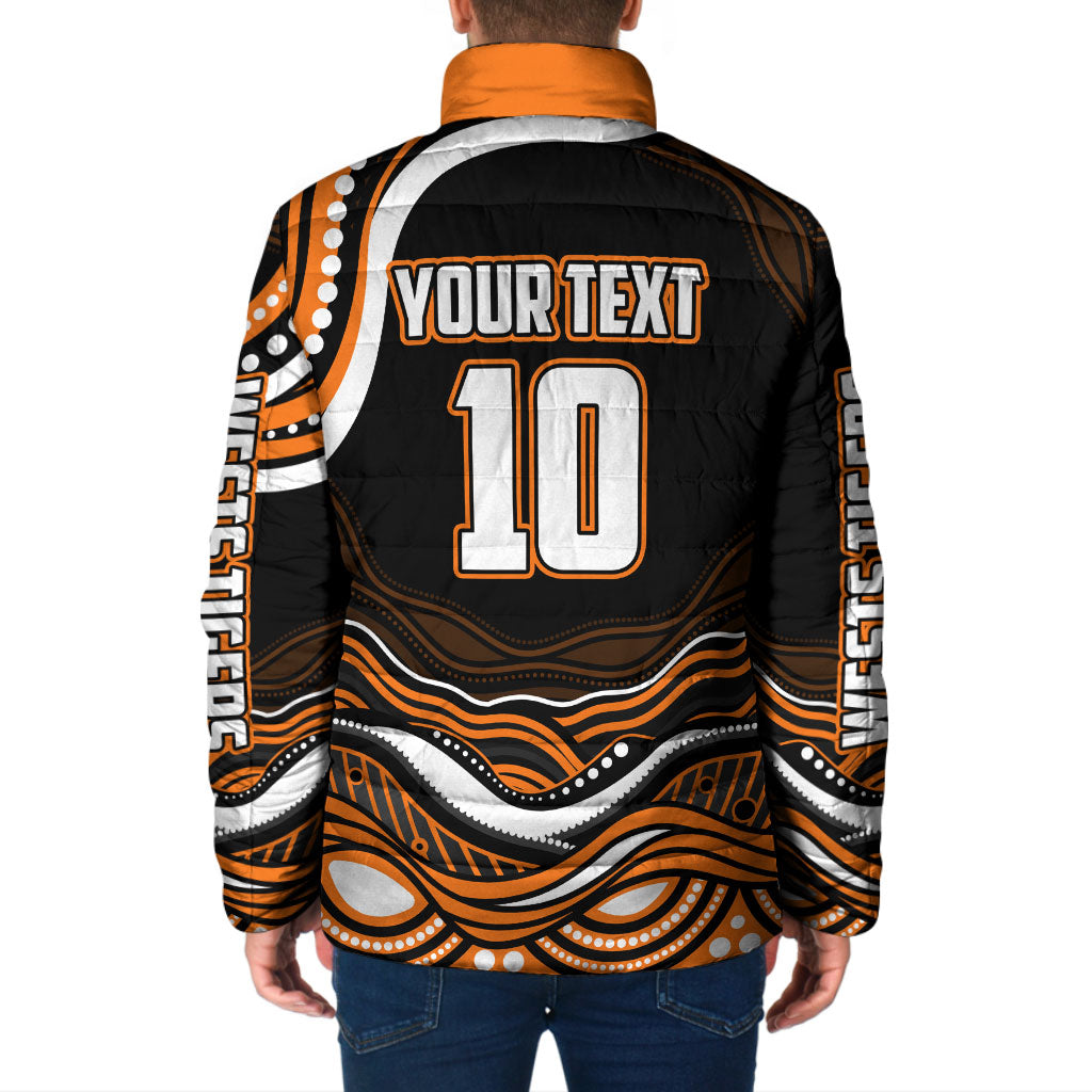 Personalized Wests Tigers Rugby Padded Jacket Aboriginal Dot Art - Dreamtime Rugby Mascot