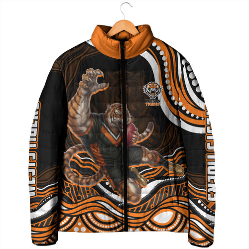 Personalized Wests Tigers Rugby Padded Jacket Aboriginal Dot Art - Dreamtime Rugby Mascot