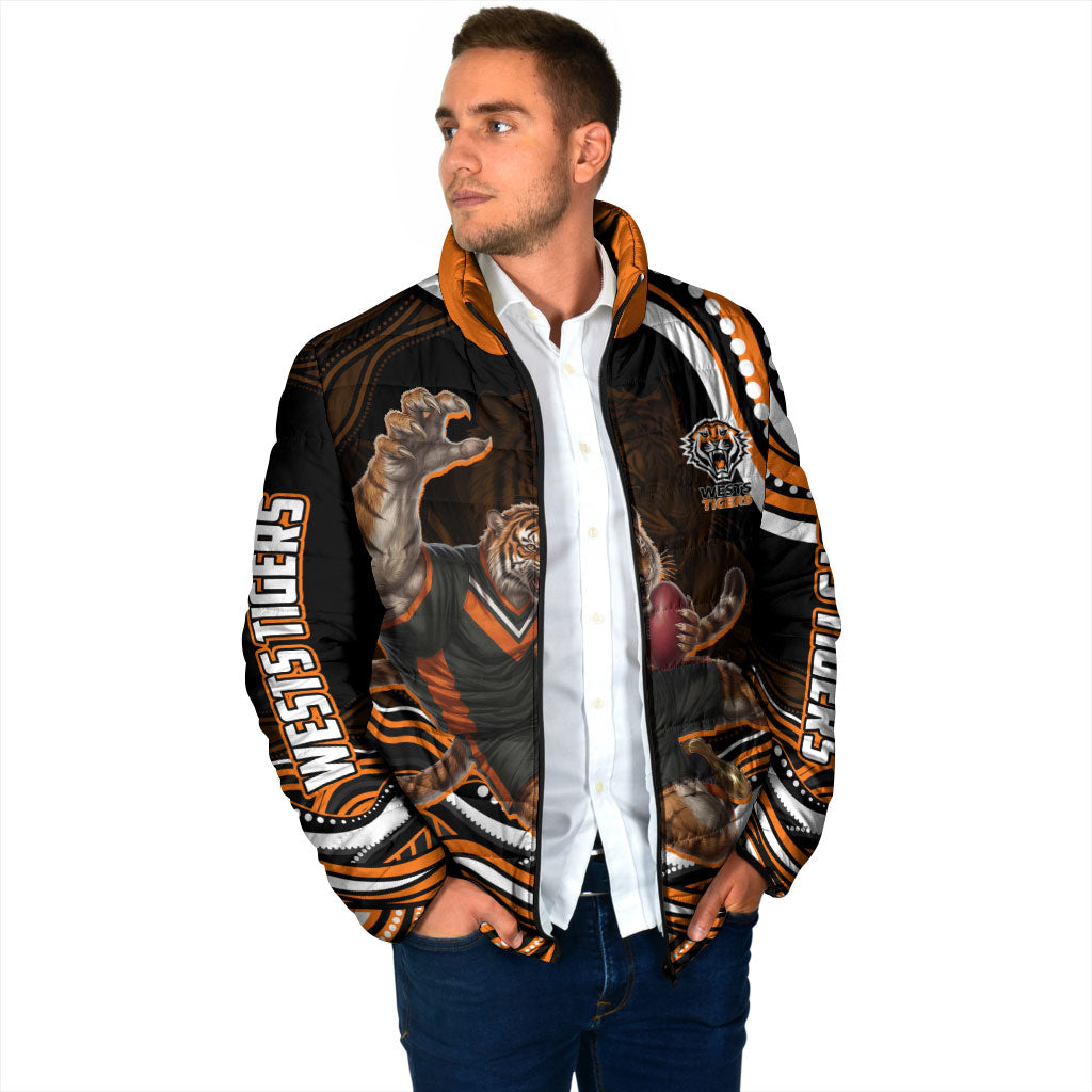 Personalized Wests Tigers Rugby Padded Jacket Aboriginal Dot Art - Dreamtime Rugby Mascot