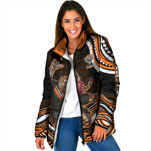 Personalized Wests Tigers Rugby Padded Jacket Aboriginal Dot Art - Dreamtime Rugby Mascot