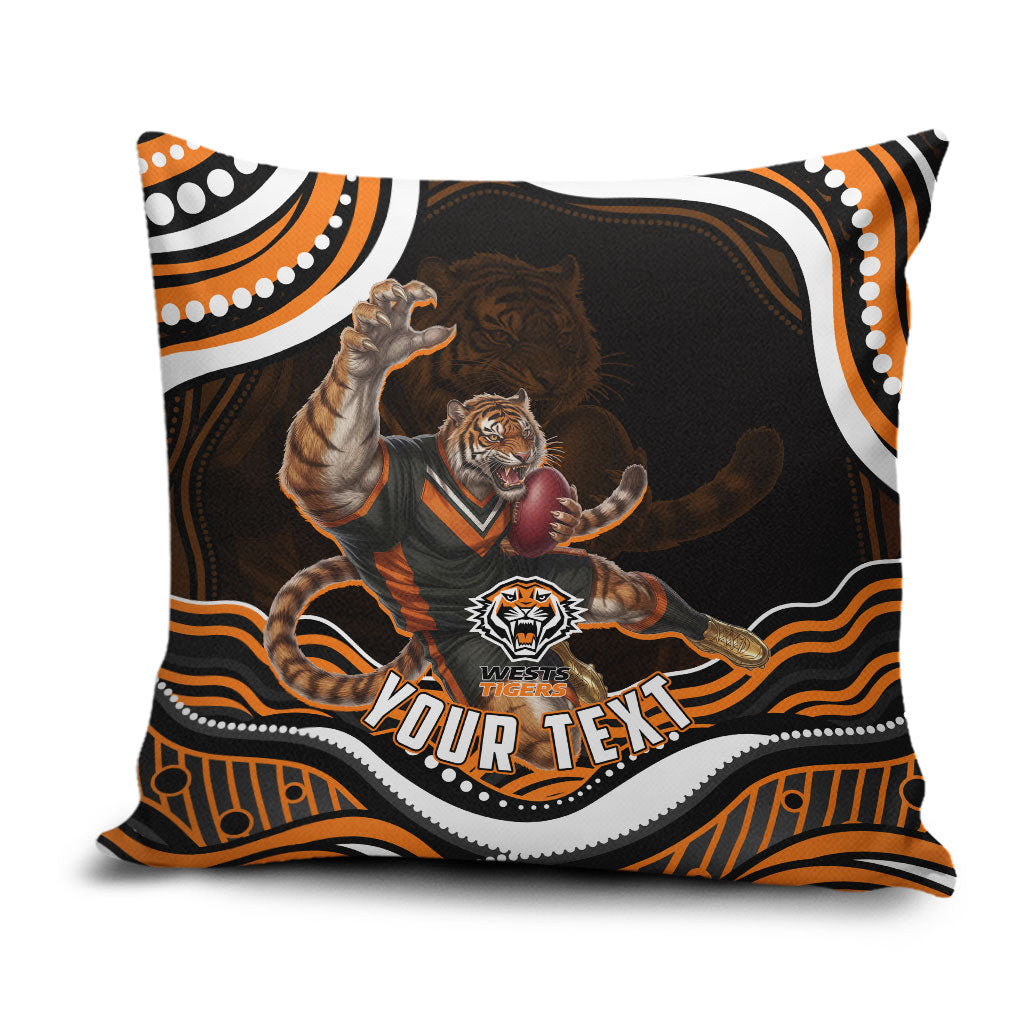 Personalized Wests Tigers Rugby Pillow Cover Aboriginal Dot Art - Dreamtime Rugby Mascot