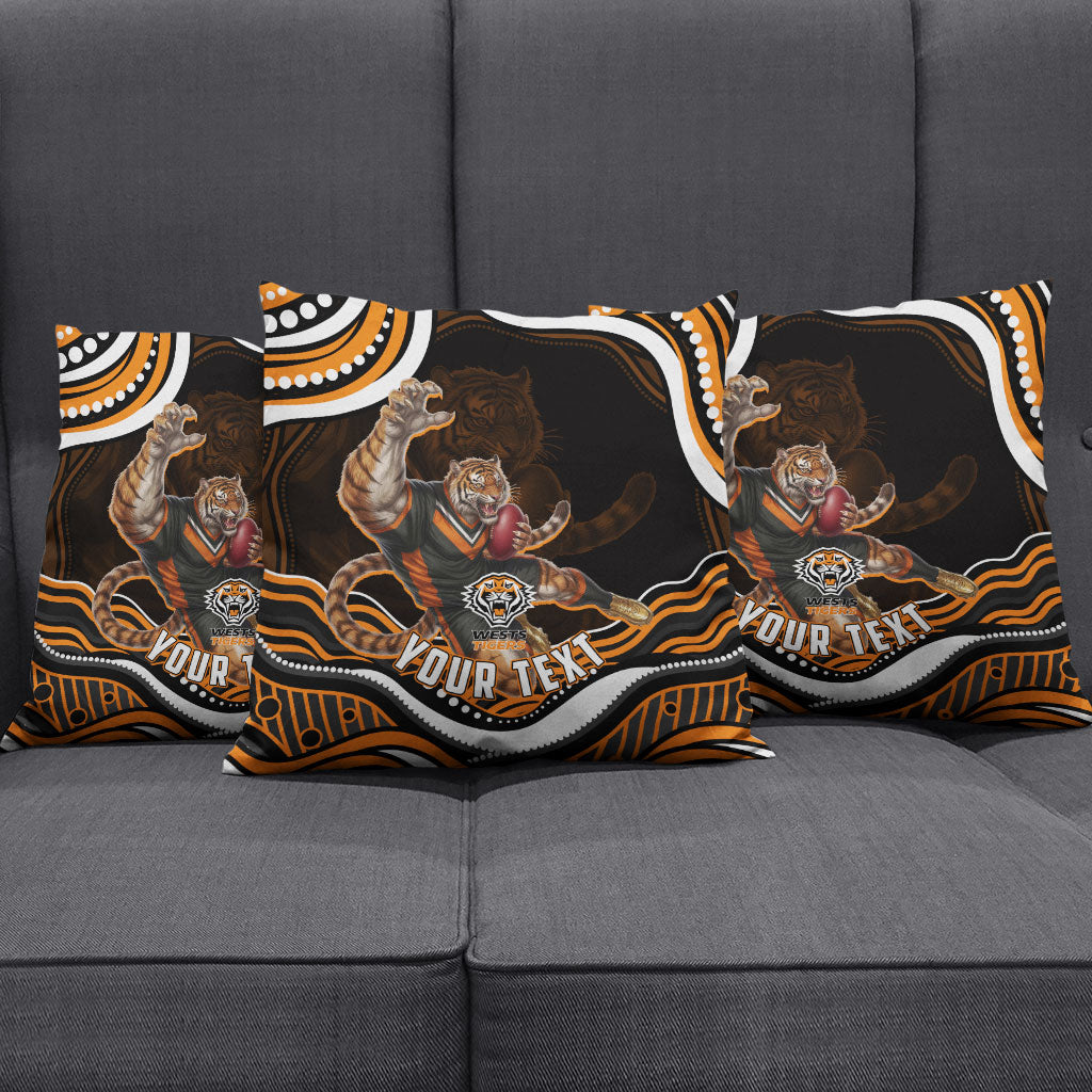 Personalized Wests Tigers Rugby Pillow Cover Aboriginal Dot Art - Dreamtime Rugby Mascot