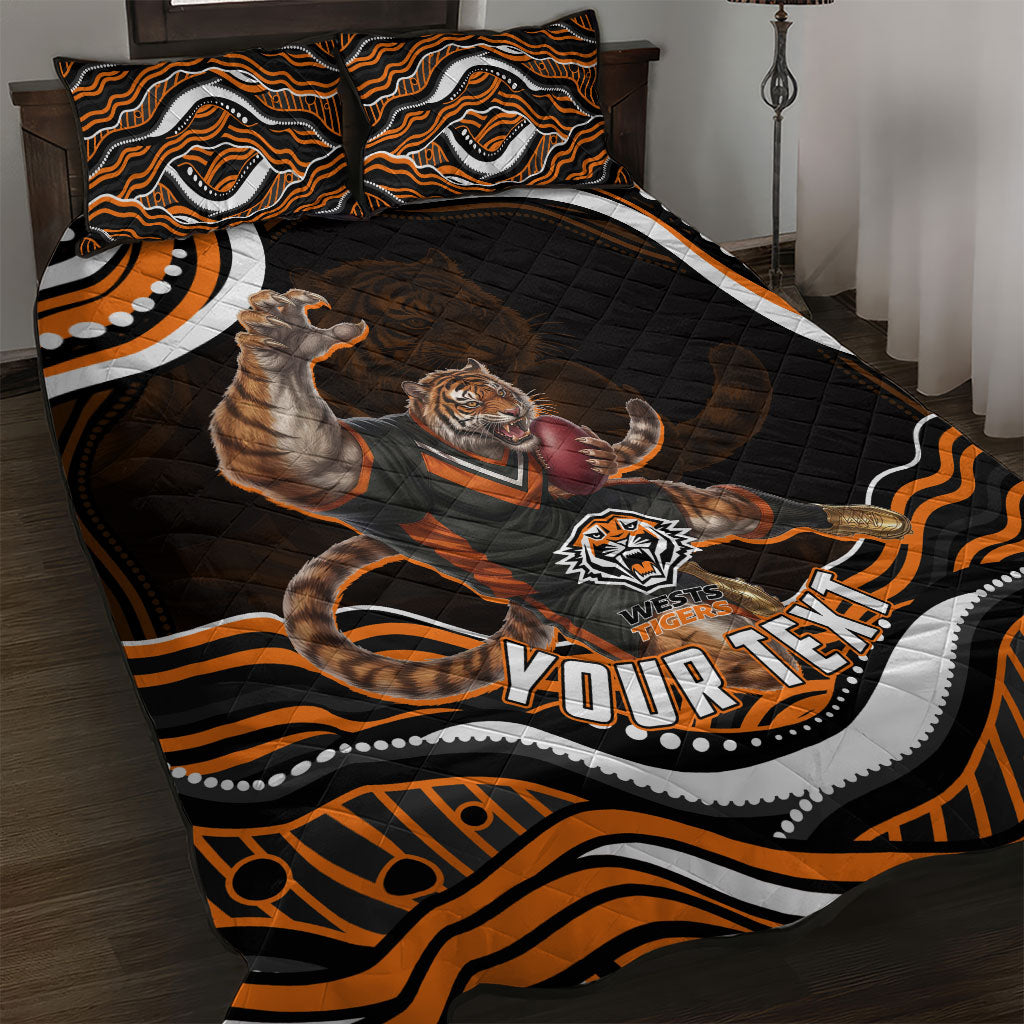 Personalized Wests Tigers Rugby Quilt Bed Set Aboriginal Dot Art - Dreamtime Rugby Mascot