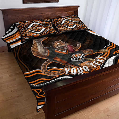 Personalized Wests Tigers Rugby Quilt Bed Set Aboriginal Dot Art - Dreamtime Rugby Mascot