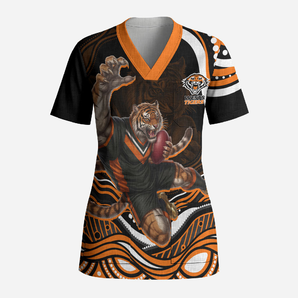 Personalized Wests Tigers Rugby Scrub Top Aboriginal Dot Art - Dreamtime Rugby Mascot