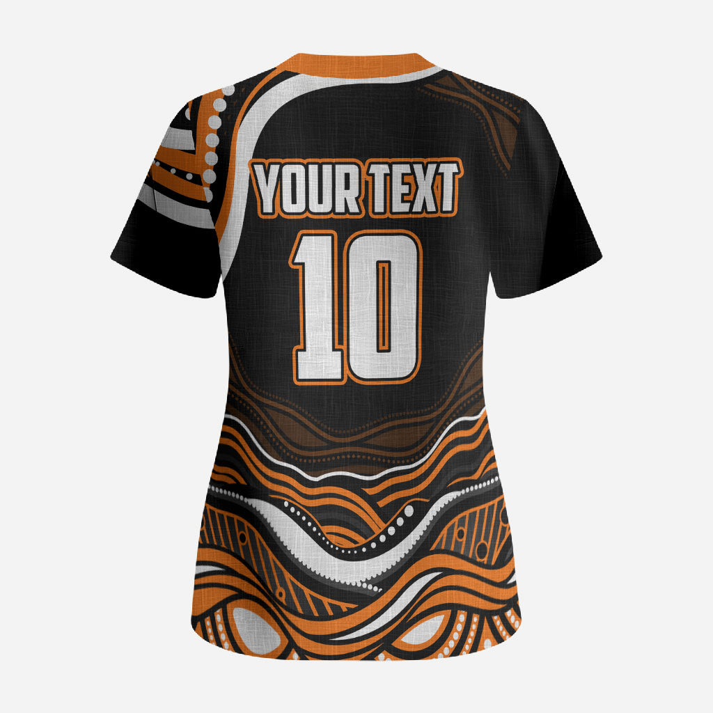 Personalized Wests Tigers Rugby Scrub Top Aboriginal Dot Art - Dreamtime Rugby Mascot