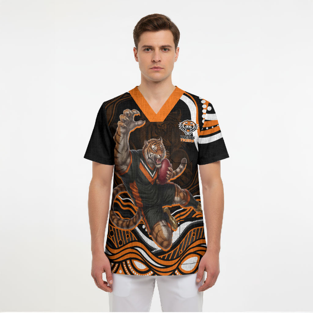 Personalized Wests Tigers Rugby Scrub Top Aboriginal Dot Art - Dreamtime Rugby Mascot