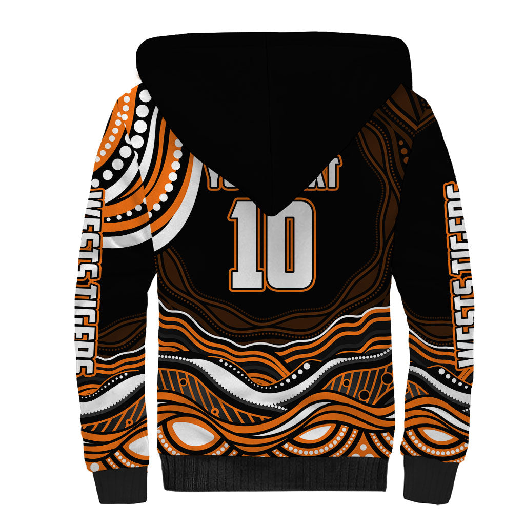 Personalized Wests Tigers Rugby Sherpa Hoodie Aboriginal Dot Art - Dreamtime Rugby Mascot