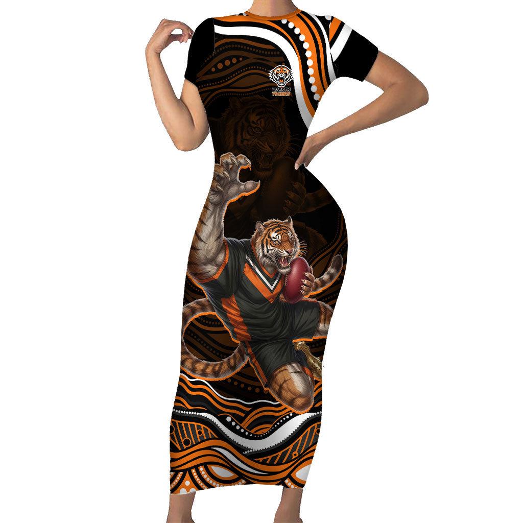 Personalized Wests Tigers Rugby Short Sleeve Bodycon Dress Aboriginal Dot Art - Dreamtime Rugby Mascot