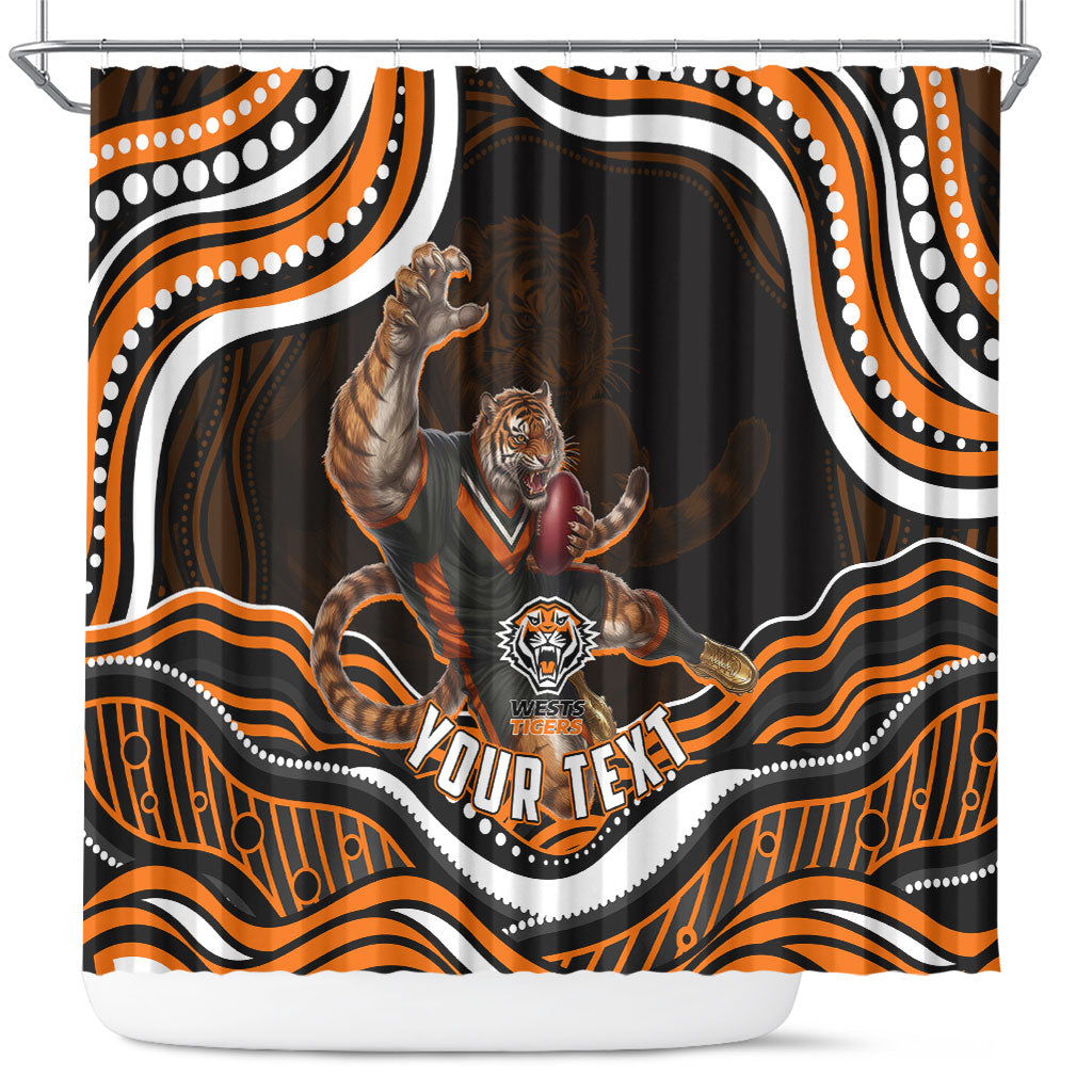 Personalized Wests Tigers Rugby Shower Curtain Aboriginal Dot Art - Dreamtime Rugby Mascot