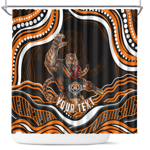 Personalized Wests Tigers Rugby Shower Curtain Aboriginal Dot Art - Dreamtime Rugby Mascot