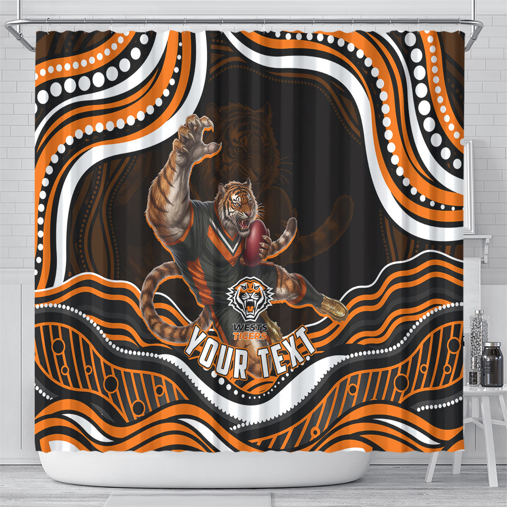 Personalized Wests Tigers Rugby Shower Curtain Aboriginal Dot Art - Dreamtime Rugby Mascot