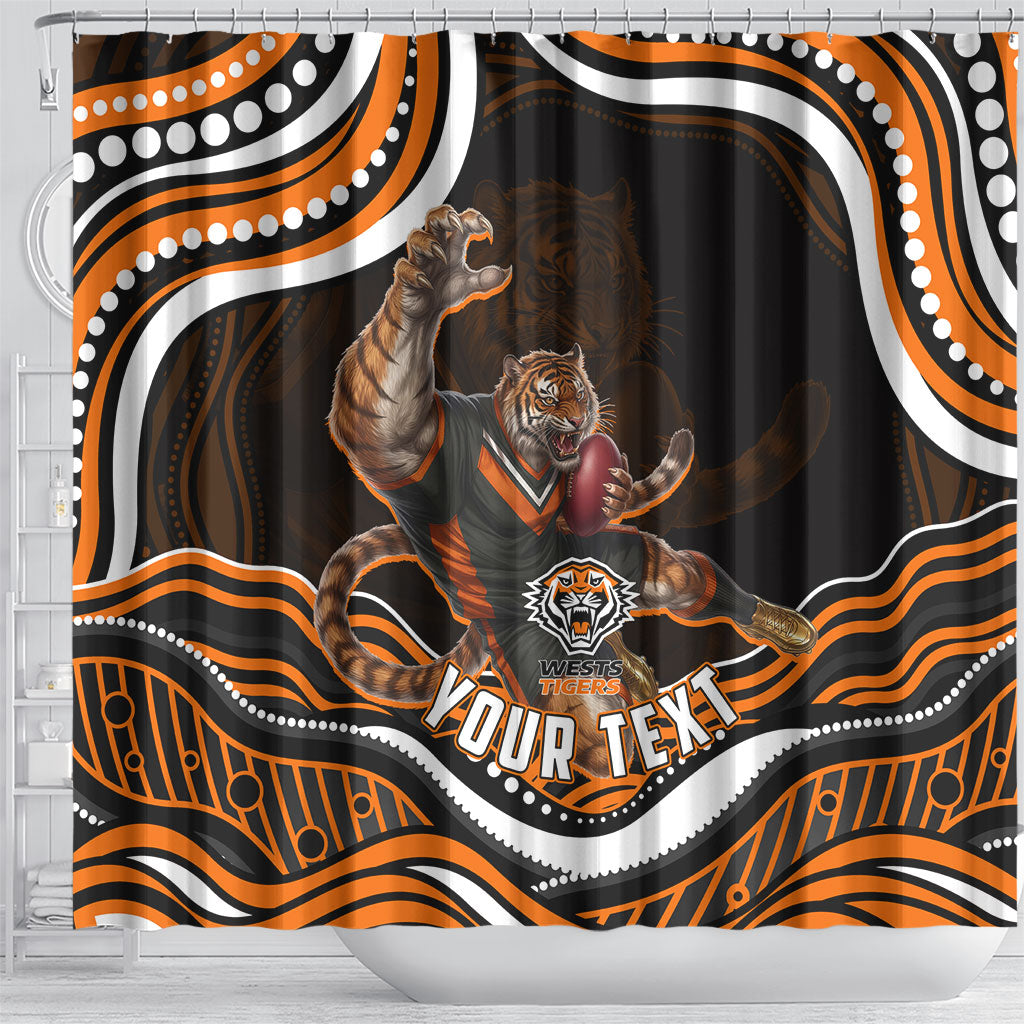 Personalized Wests Tigers Rugby Shower Curtain Aboriginal Dot Art - Dreamtime Rugby Mascot