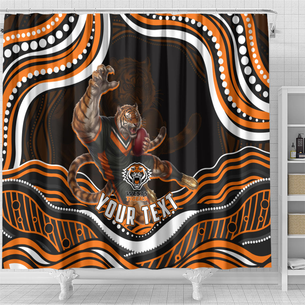 Personalized Wests Tigers Rugby Shower Curtain Aboriginal Dot Art - Dreamtime Rugby Mascot