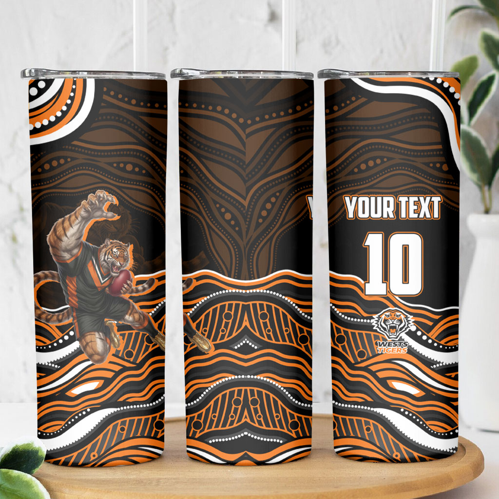 Personalized Wests Tigers Rugby Skinny Tumbler Aboriginal Dot Art - Dreamtime Rugby Mascot