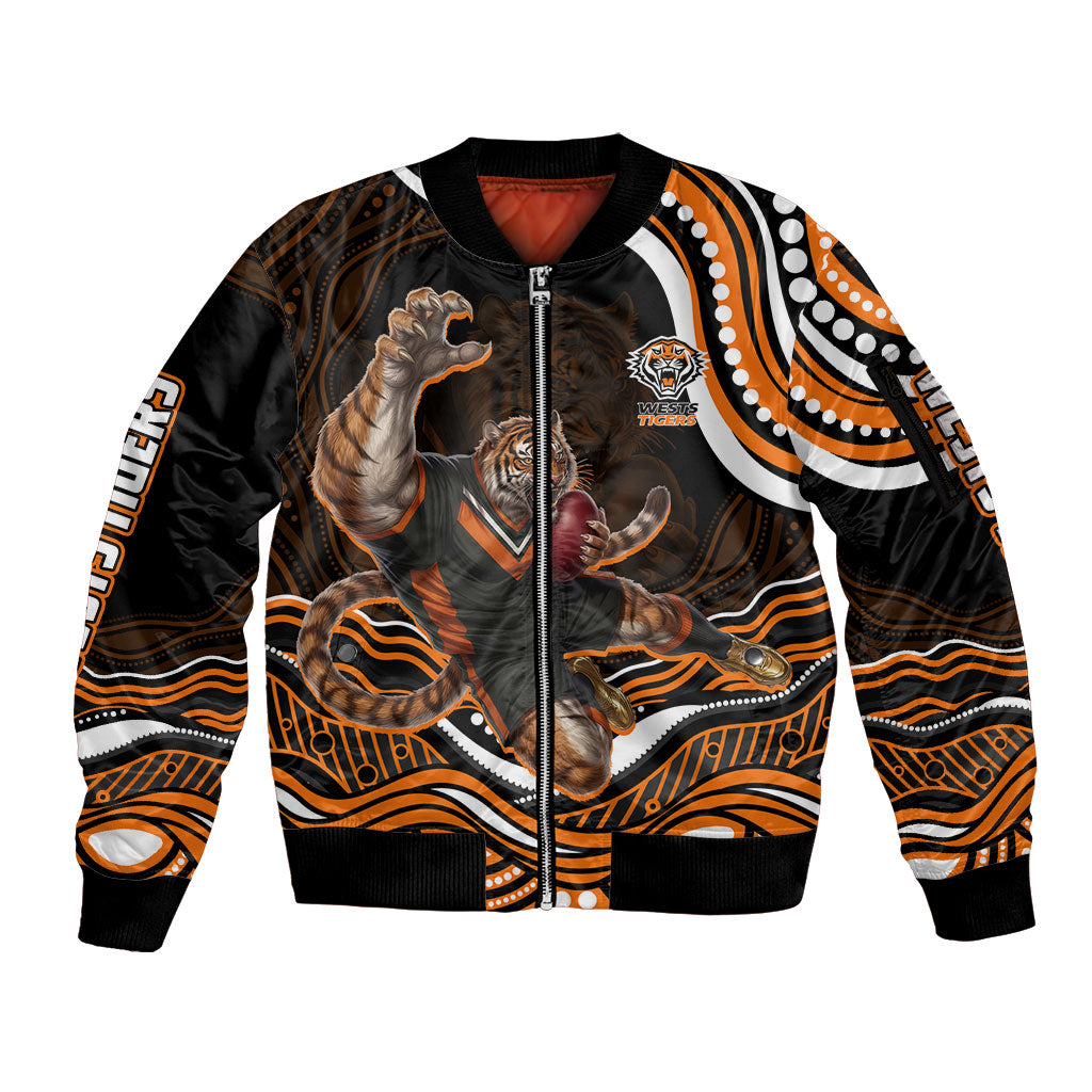 Personalized Wests Tigers Rugby Sleeve Zip Bomber Jacket Aboriginal Dot Art - Dreamtime Rugby Mascot