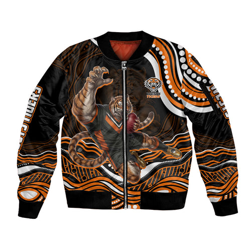 Personalized Wests Tigers Rugby Sleeve Zip Bomber Jacket Aboriginal Dot Art - Dreamtime Rugby Mascot