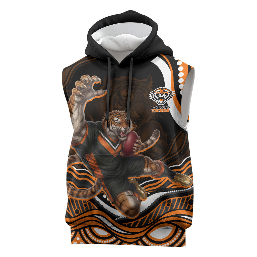 Personalized Wests Tigers Rugby Sleeveless Hoodie Aboriginal Dot Art - Dreamtime Rugby Mascot