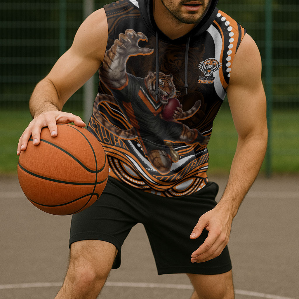 Personalized Wests Tigers Rugby Sleeveless Hoodie Aboriginal Dot Art - Dreamtime Rugby Mascot