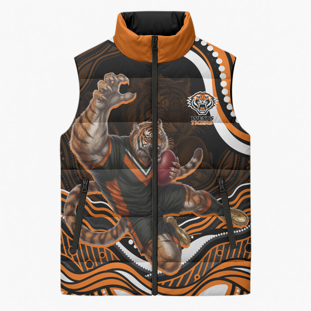 Personalized Wests Tigers Rugby Sleeveless Puffer Jacket Aboriginal Dot Art - Dreamtime Rugby Mascot