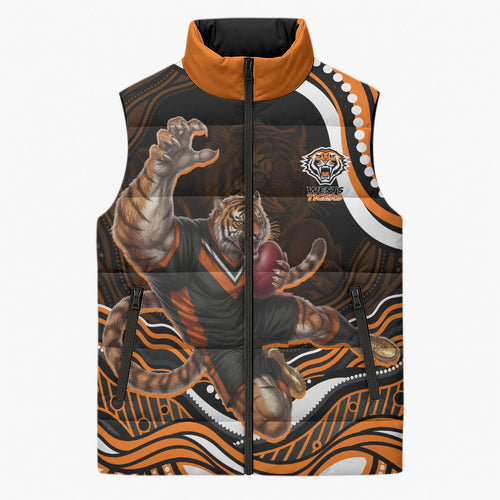 Personalized Wests Tigers Rugby Sleeveless Puffer Jacket Aboriginal Dot Art - Dreamtime Rugby Mascot