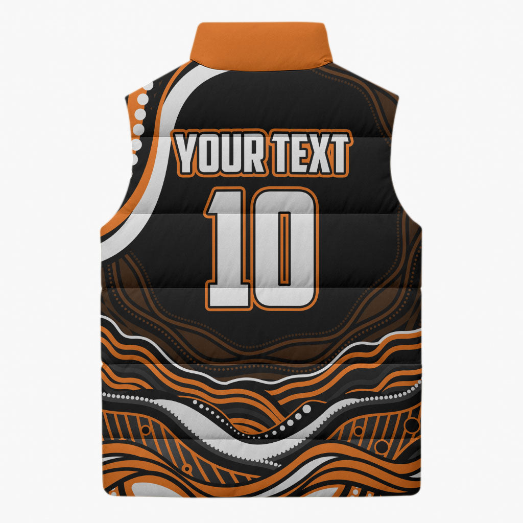 Personalized Wests Tigers Rugby Sleeveless Puffer Jacket Aboriginal Dot Art - Dreamtime Rugby Mascot
