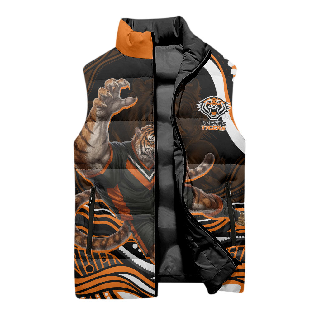 Personalized Wests Tigers Rugby Sleeveless Puffer Jacket Aboriginal Dot Art - Dreamtime Rugby Mascot