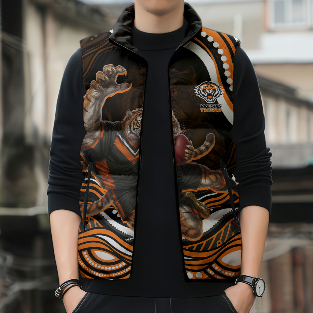 Personalized Wests Tigers Rugby Sleeveless Puffer Jacket Aboriginal Dot Art - Dreamtime Rugby Mascot