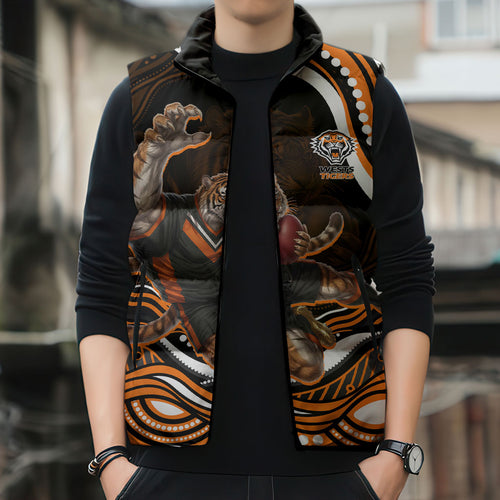Personalized Wests Tigers Rugby Sleeveless Puffer Jacket Aboriginal Dot Art - Dreamtime Rugby Mascot