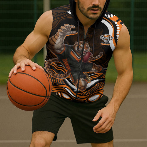 Personalized Wests Tigers Rugby Sleeveless Zip Hoodie Aboriginal Dot Art - Dreamtime Rugby Mascot