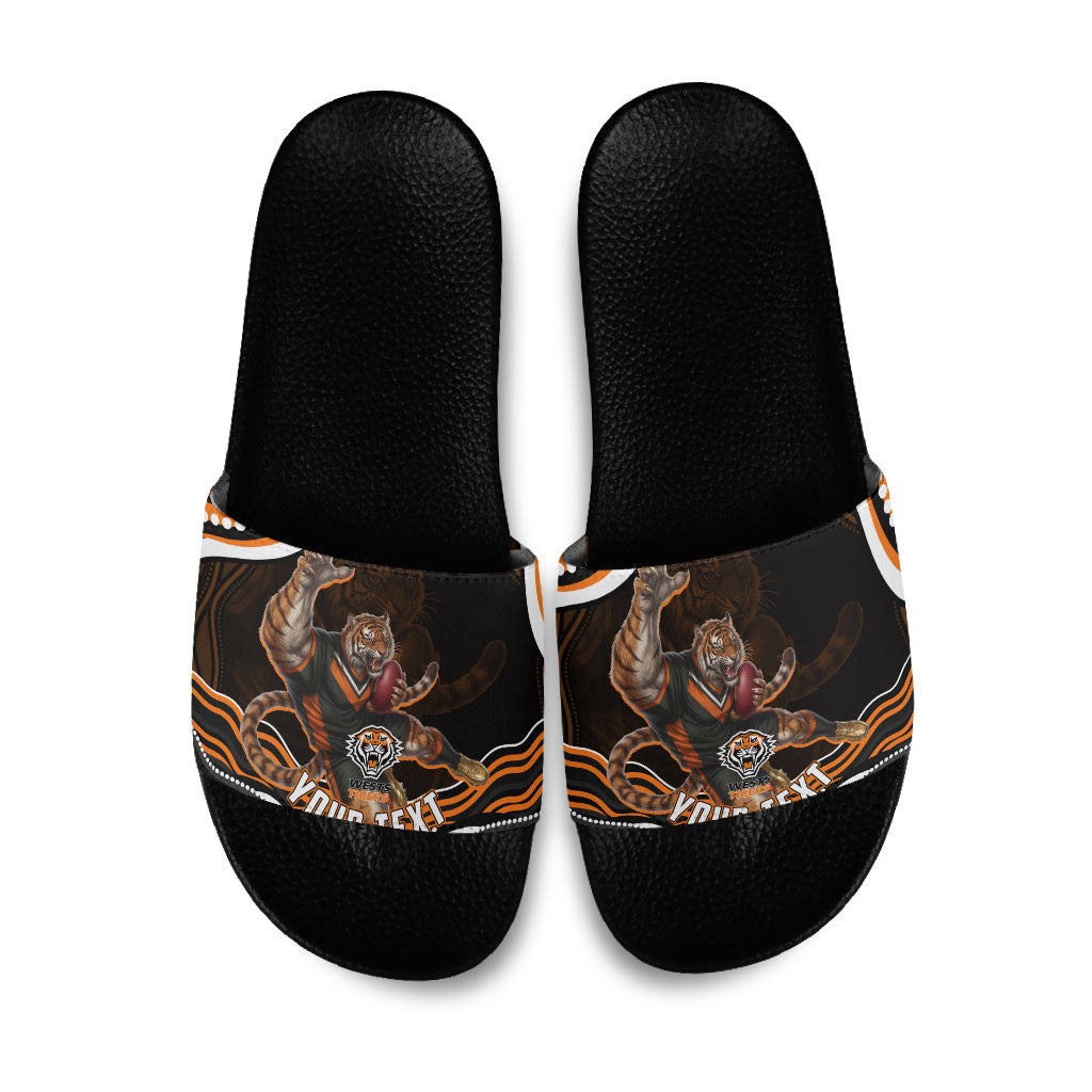 Personalized Wests Tigers Rugby Slide Sandals Aboriginal Dot Art - Dreamtime Rugby Mascot