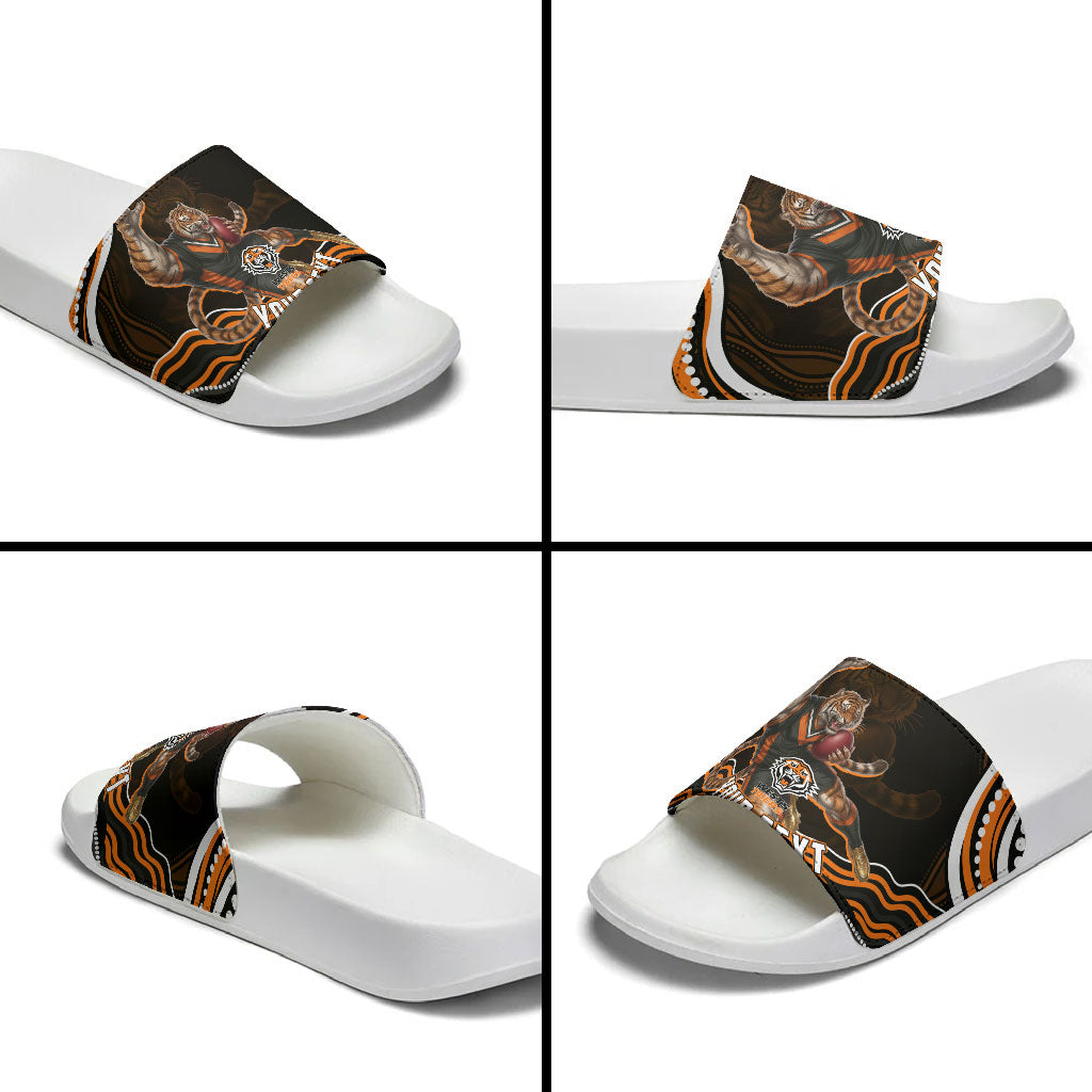 Personalized Wests Tigers Rugby Slide Sandals Aboriginal Dot Art - Dreamtime Rugby Mascot