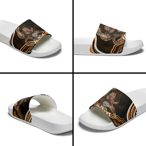 Personalized Wests Tigers Rugby Slide Sandals Aboriginal Dot Art - Dreamtime Rugby Mascot