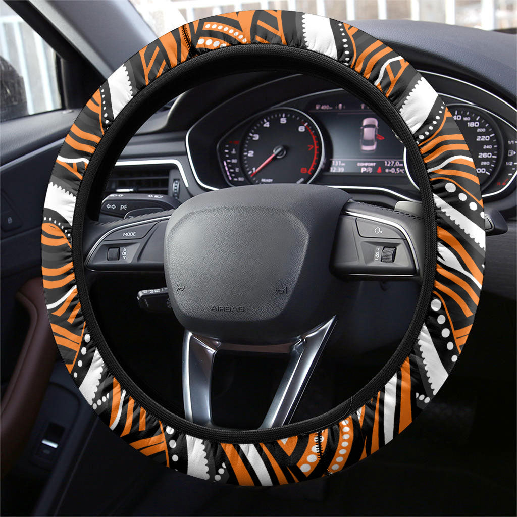 Wests Tigers Rugby Steering Wheel Cover Aboriginal Dot Art - Dreamtime Rugby Mascot