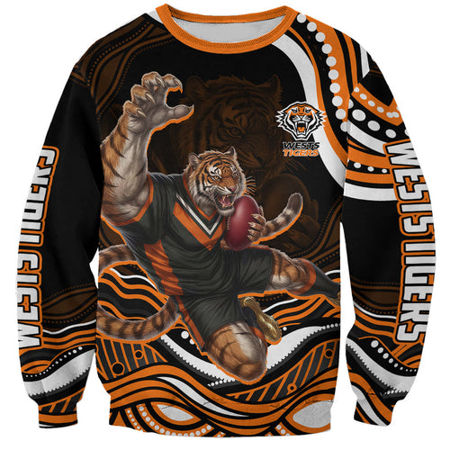 Personalized Wests Tigers Rugby Sweatshirt Aboriginal Dot Art - Dreamtime Rugby Mascot